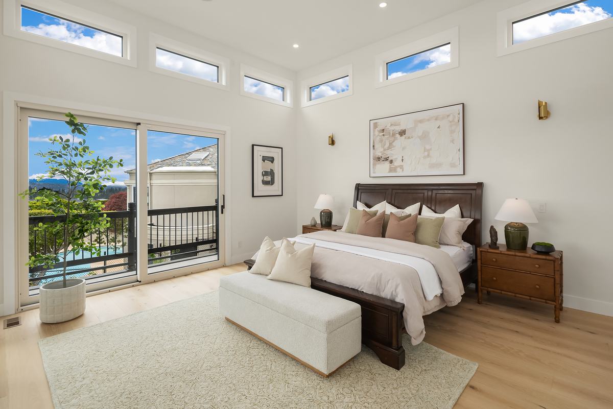 Primary bedroom staged by Top Staging And Design at the Clyde Hill project