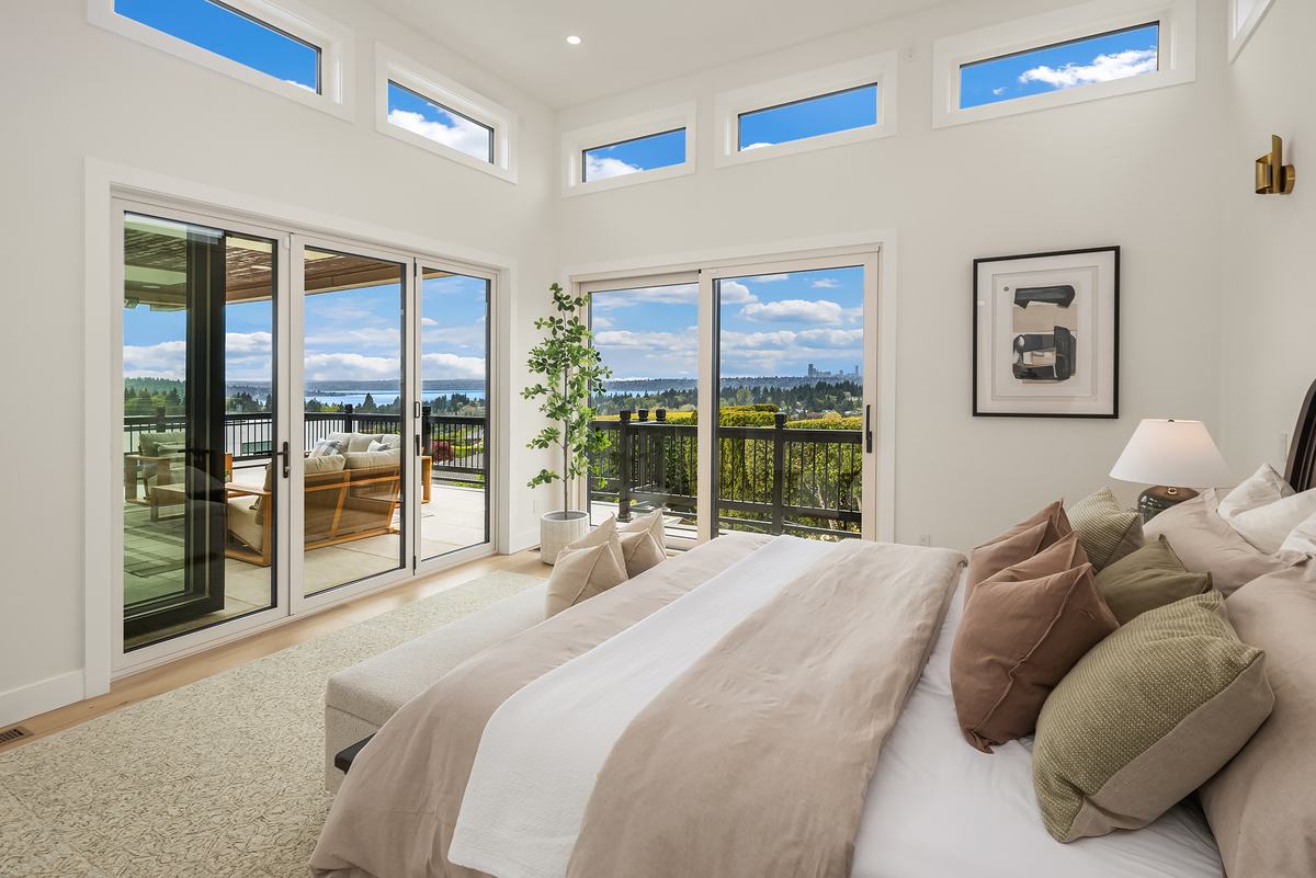 Primary bedroom staged by Top Staging And Design at the Clyde Hill project