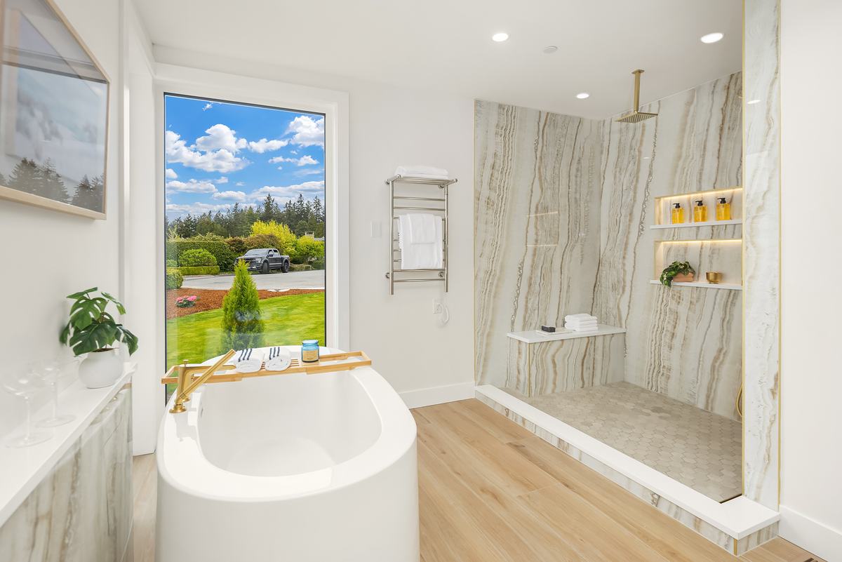 Primary bathroom staged by Top Staging And Design at the Clyde Hill project