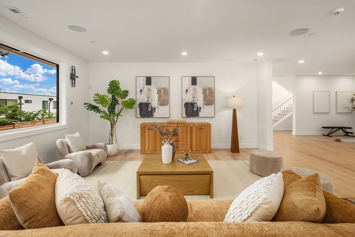 Lower living room staged by Top Staging And Design at the Clyde Hill project