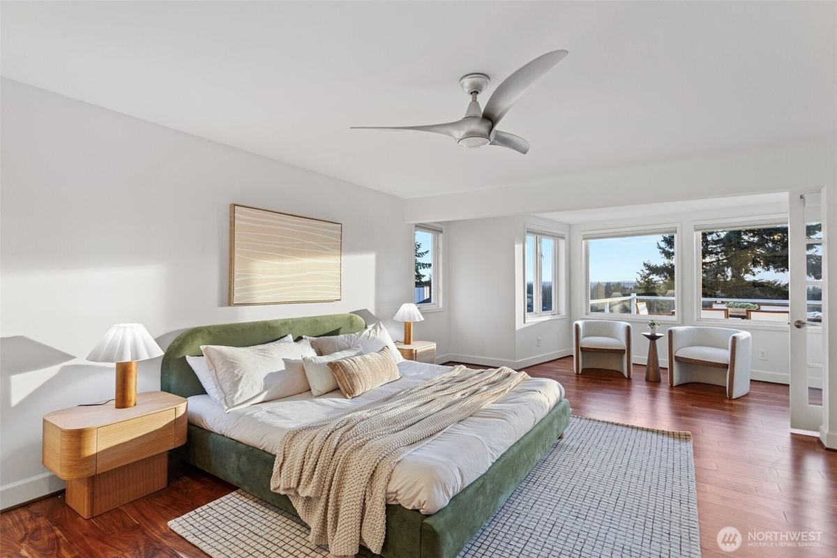 Primary bedroom staged by Top Staging And Design at a home in Bellevue