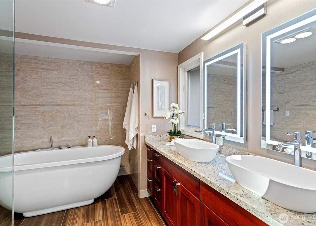 Primary bathroom staged by Top Staging And Design at a home in Bellevue