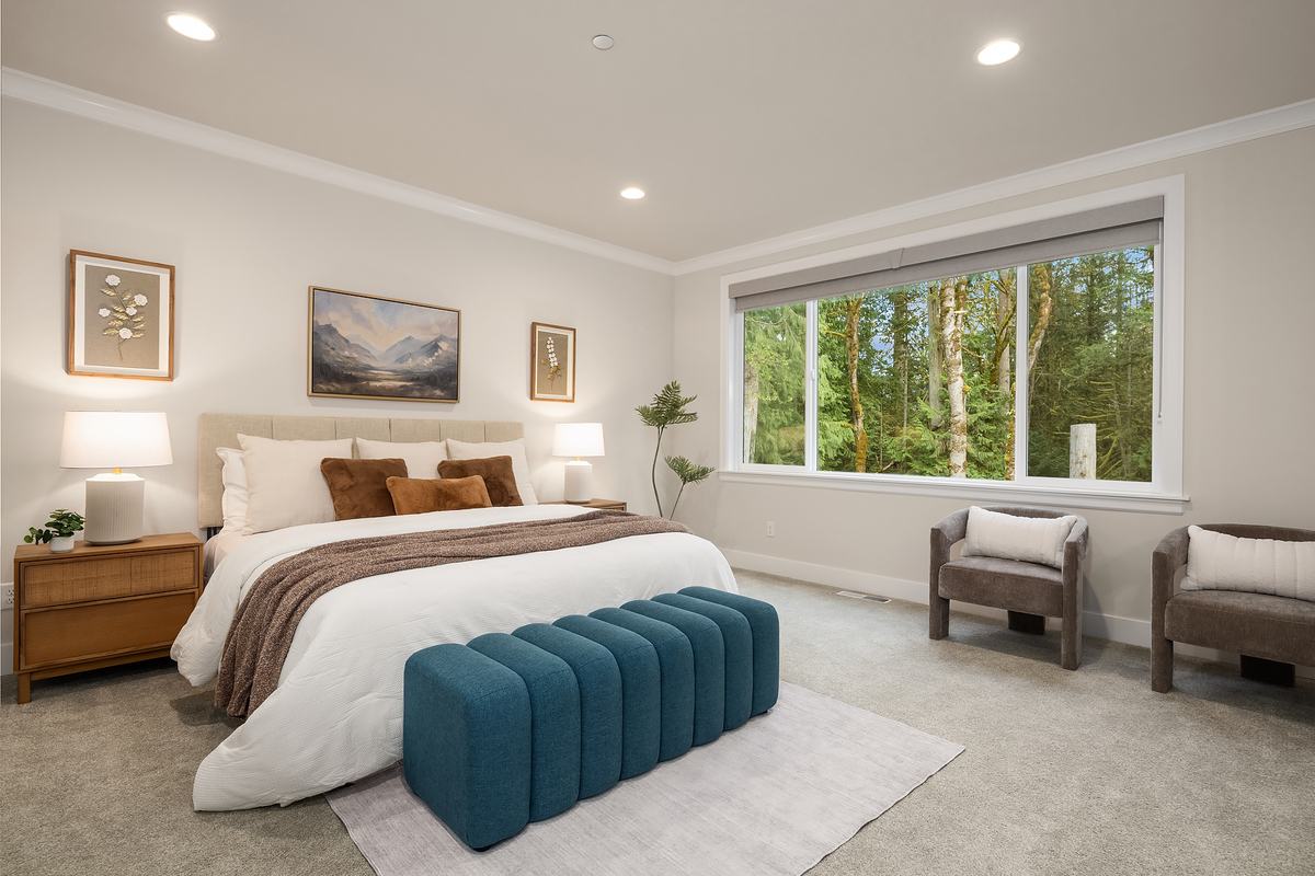 Primary bedroom staged by Top Staging And Design at the Sammamish project