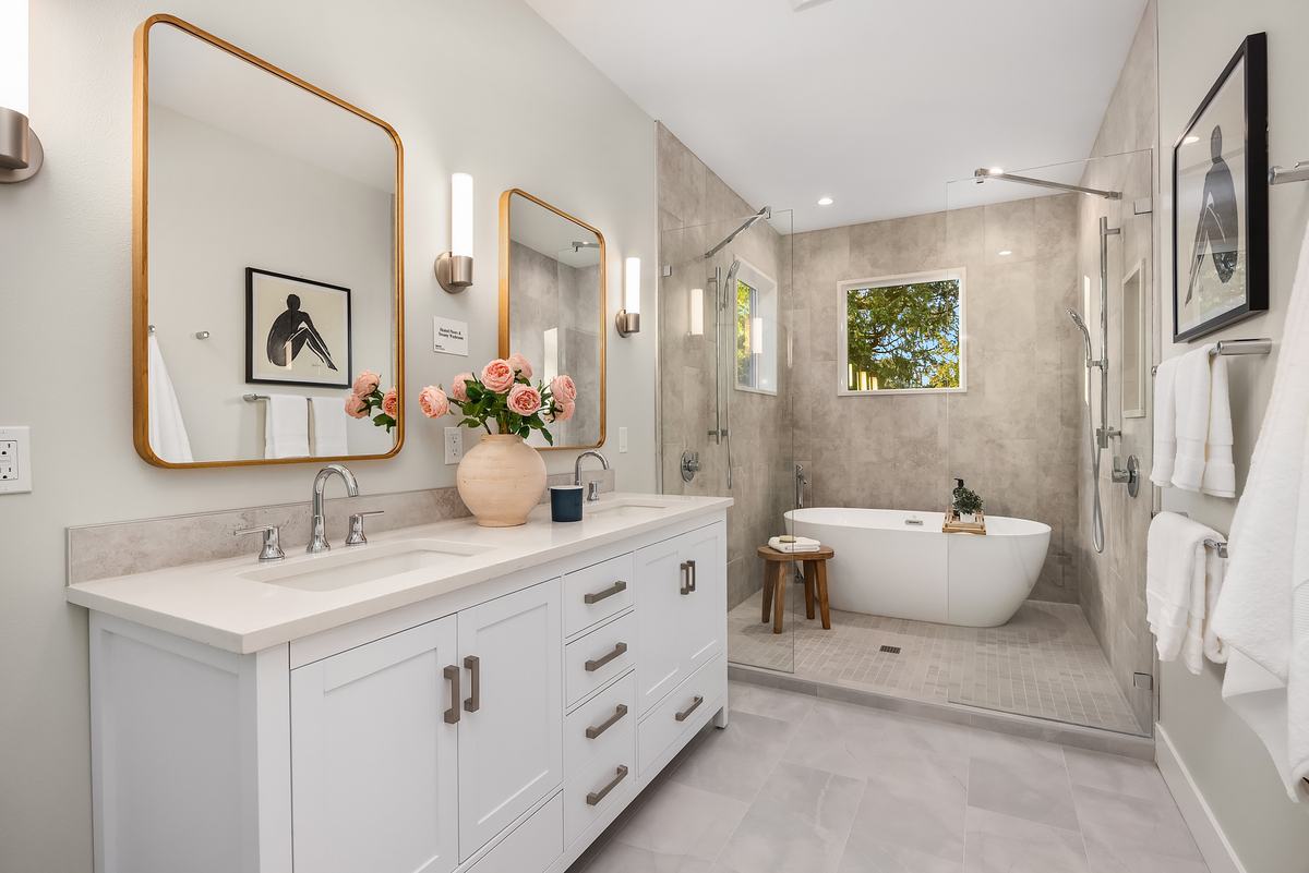 Primary bathroom staged by Top Staging And Design at the Shoreline project